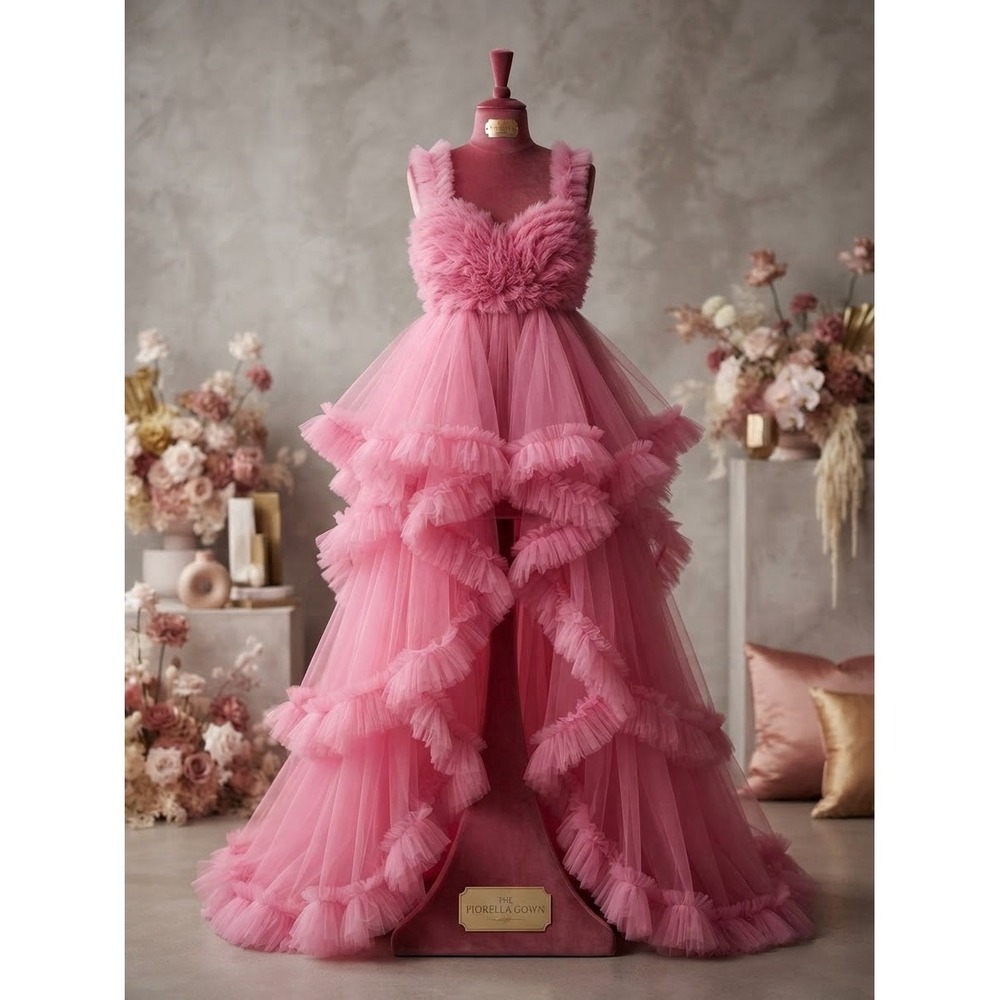 Maternity Dress Pink Photo Shoot Ruffle Tulle Layered Party Fairy Babyshower LXL